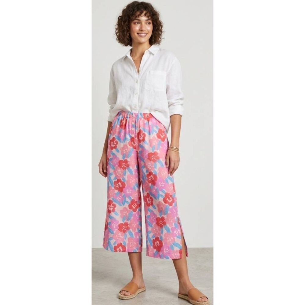 Camaieu womens small floral linen pants Hi waist wide leg cropped pink blue